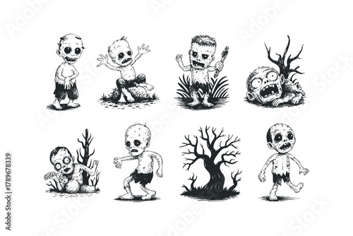 Collection of cartoon zombies in various poses and settings