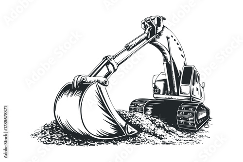 Heavy excavator scoop digging dirt and gravel