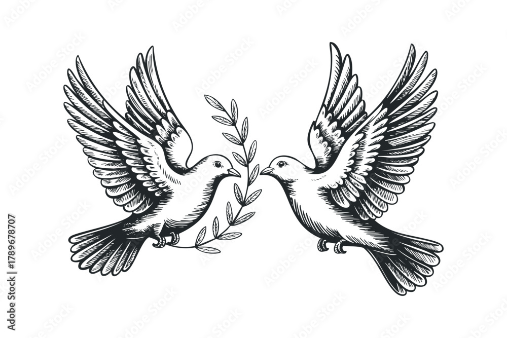 Obraz premium Two doves carrying olive branch symbol of peace