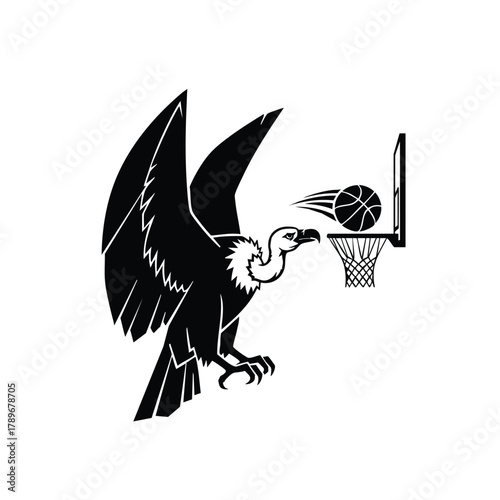 Vulture playing basketball vector illustration with bird flying shooting game