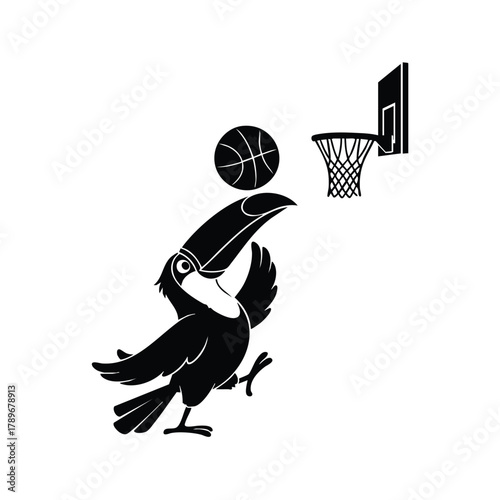 Toucan playing basketball with beak aiming shoot toward hoop in air exactly 100 chars