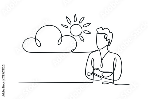 Person contemplating a cloudy sky with sun overhead