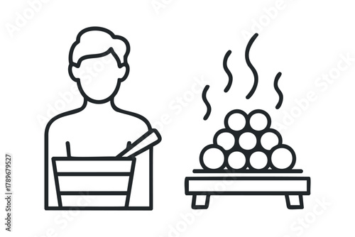 Person with wooden bucket and steaming rocks icon