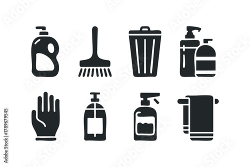 Household cleaning supplies and accessories icons