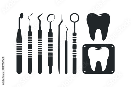 Dental Tools and Tooth Radiograph Silhouette