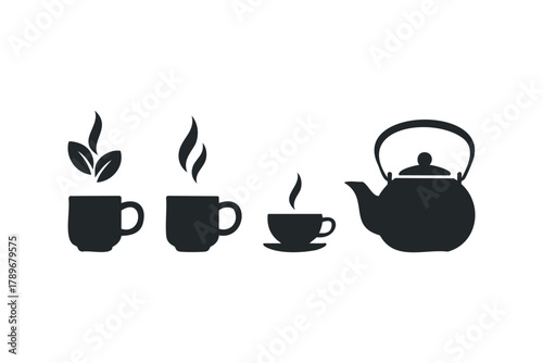 Set of black silhouette icons representing tea brewing and serving