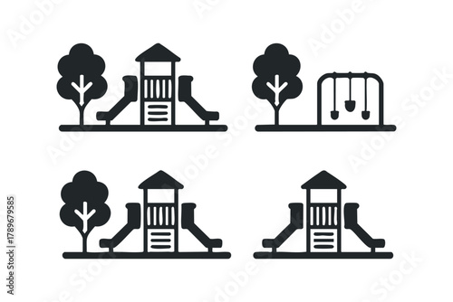 Playground equipment icons with trees and swings