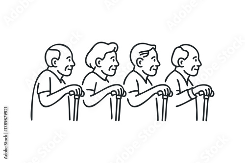 Four elderly people standing with walking canes