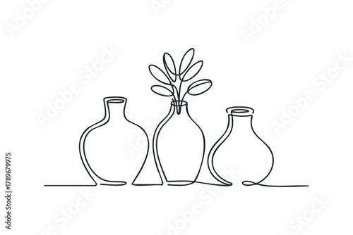 Continuous line drawing of three vases with plant