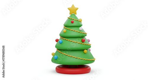 Cute 3D Rendered Minimalist Christmas Tree with Star and Ornaments, Isolated on White Background