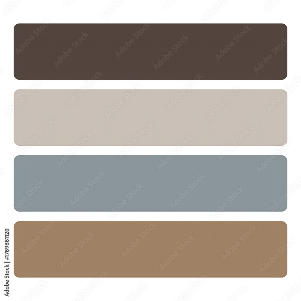 Fototapeta premium A modern and aesthetic color palette featuring four rectangular swatches of muted earth tones, including dusty blue and shades of brown, isolated on a Transparent background