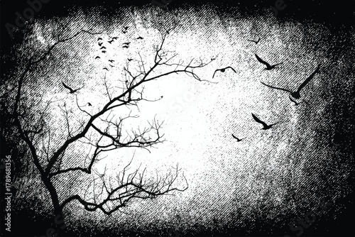 Silhouette of bare trees with flying birds. Gothic style black and white illustration	