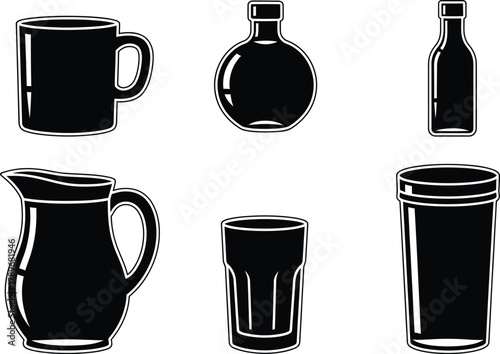 Black and white vector illustration of kitchenware and glassware set