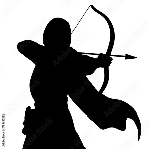 silhouette of a woman with a veil doing archery