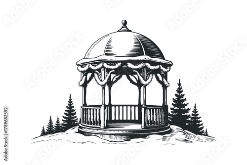 Winter scene of a gazebo surrounded by snow and trees
