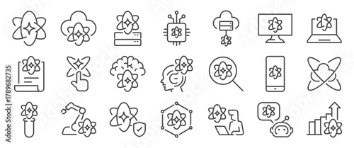 Quantum services icon set. It included qubit, cloud, computer, ai, processor and more icons. Editable Vector Stroke.