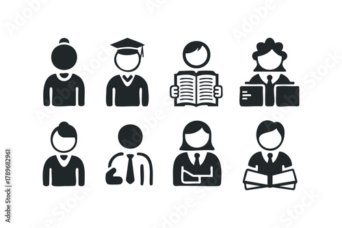 Collection of simple human figure icons representing different professions and activities