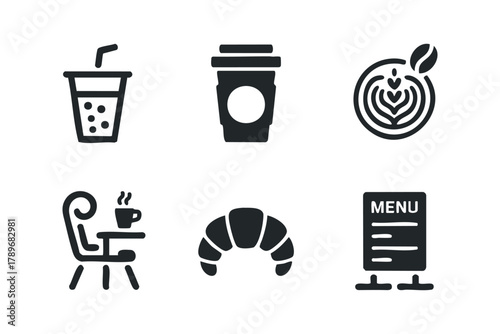 Coffee shop icons set with drinks croissant and menu