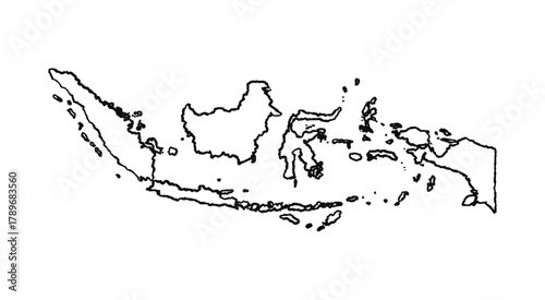 Hand drawn scribble black map of Indonesia. Outline island, South East Asia geography. Vector isolated on white background