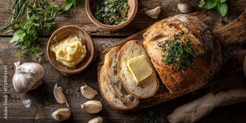 Frisch gebackenens Brot mit Butter. Schön dekoriert. Werbebanner für Bäckerrei Brotshop oder Verpackung