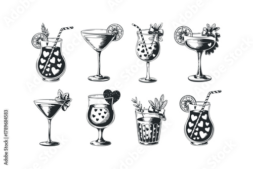 Collection of eight hand-drawn cocktail glasses with garnishes