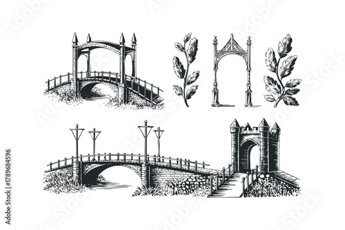 Architectural sketches of ornate bridges and archways