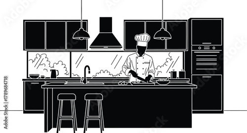 Chef preparing food in modern kitchen black and white illustration