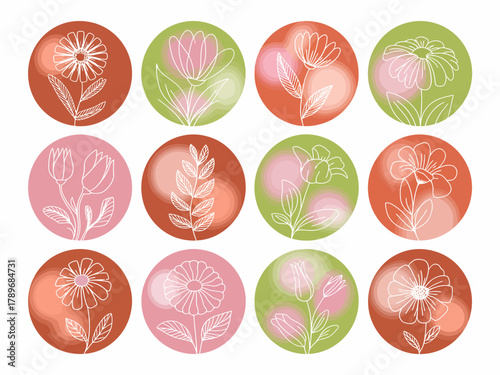 An artistic collection of circular icons showcasing charming floral illustrations, perfect for enhancing digital projects or personalizing home decor with vibrant nature themes.