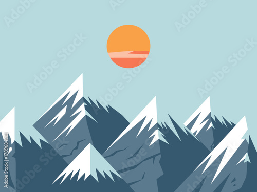 A beautiful illustration of snowy mountain peaks under a vibrant sunset, highlighting the harmony of natural beauty and the tranquility it evokes in the viewer.