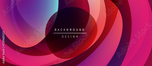 Abstract colorful layers create dynamic circular pattern. Gradient shades blend, forming modern background design. Vivid hues dominate composition.