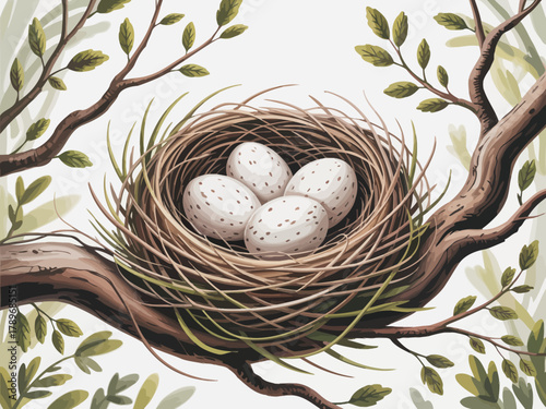 An artistic depiction of a nest holding speckled eggs, perfectly nestled in a tree, symbolizing nature's beauty and the beginning of life.