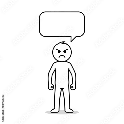 Stickman angry with blank speech bubble above head, symbol of irritation, frustration, and silence under pressure.