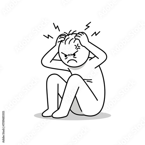 Stick figure sitting holding head with both hands, showing anger and frustration. Represents stress, irritation, and emotional tension.