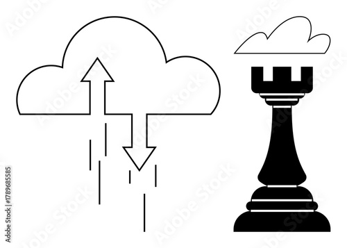 Cloud with upload and download arrows next to chess rook. Ideal for data transfer, strategy, innovation, technology, leadership, visualization, and decision-making. Simple flat metaphor