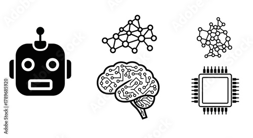Modern icons representing AI, machine learning, and neural networks for innovative technology projects and business strategies with bold, clean design elements