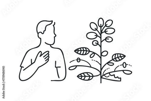 Person touching chest near abstract plant outline