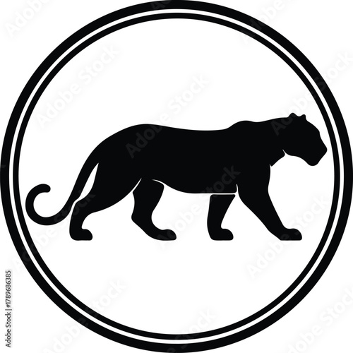 Illustration Black panther walking inside circle frame silhouette vector