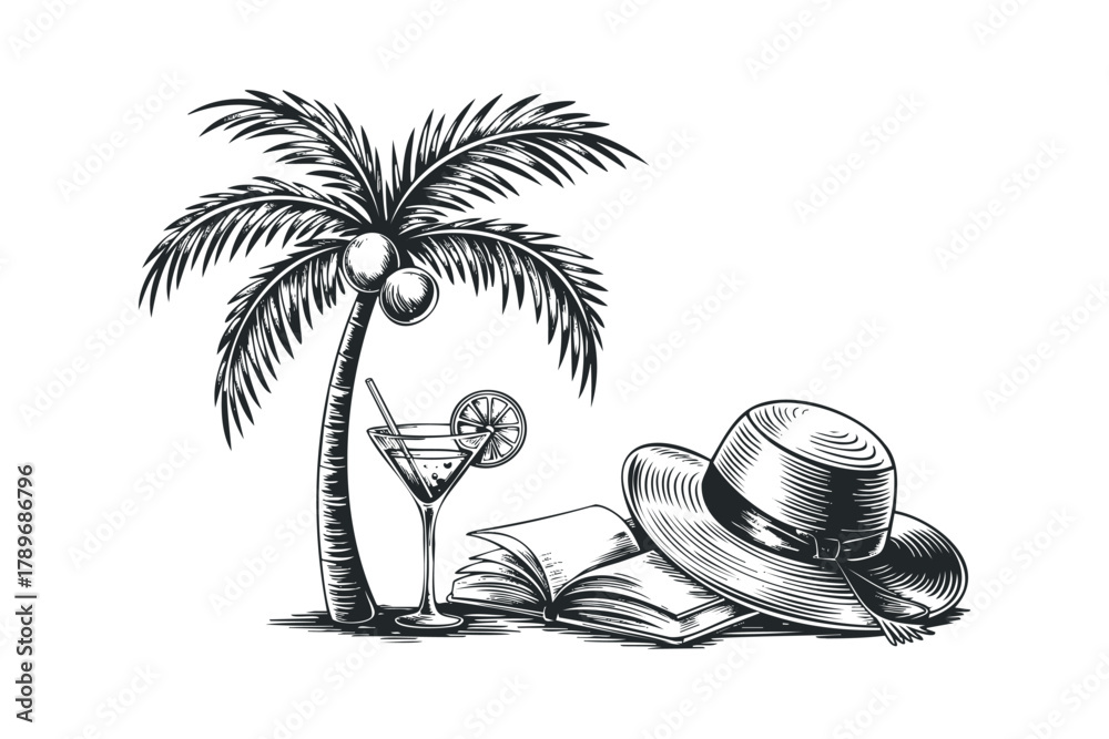 Fototapeta premium Palm tree, cocktail, and hat with open book