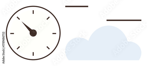 Clock indicating time with a cloud and motion lines suggesting speed, efficiency, and workflow. Ideal for time management, productivity, fast delivery, cloud computing, data transfer, workflow