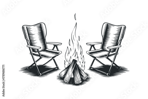 Two empty chairs by a campfire