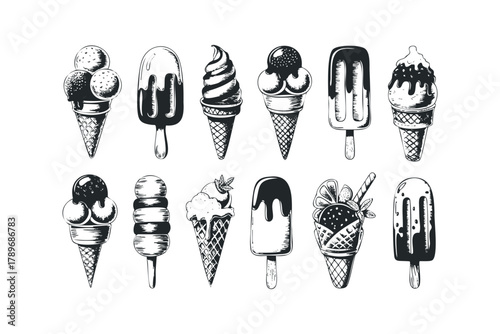 Collection of hand-drawn ice cream and popsicle treats