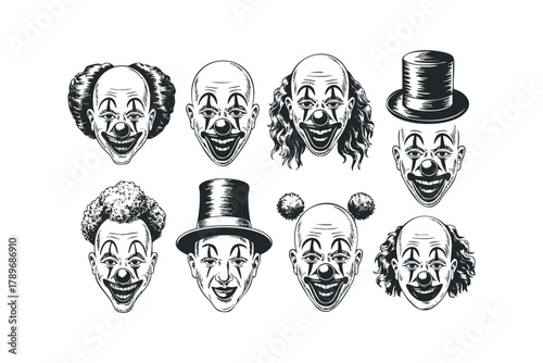 Collection of eight distinct clown faces in vintage style