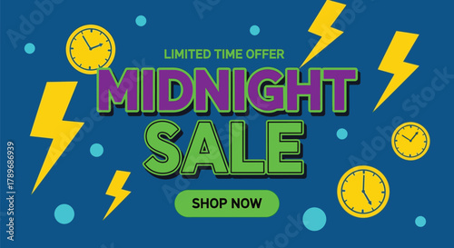 Midnight Sale, limited time offer with shop now button and energetic lightning bolts