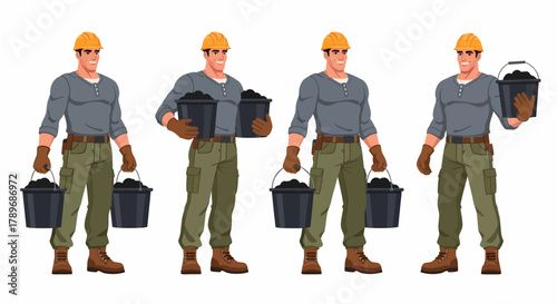 Cartoon construction worker carrying buckets of material.