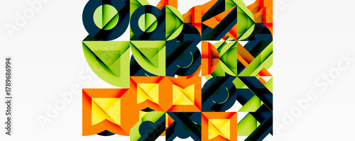 Abstract geometric composition. Shapes overlap, creating vibrant color patterns. Green, orange, black dominate design. Modern aesthetic.