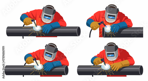 Welder working on a pipe with protective gear and welding equipment.
