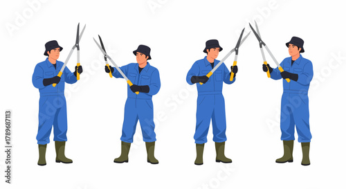 Man in blue overalls holding hedge trimmers in various poses.