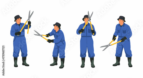 A set of four illustrations showing a gardener in blue overalls and a hat, holding large pruning shears in various poses, ready for hedge trimming.