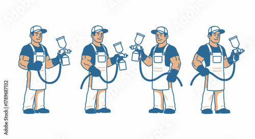Four illustrations of a painter holding a spray gun, wearing a cap and apron.