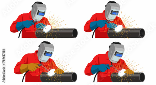 A set of four illustrations depicting an industrial welder in protective gear working on a metal pipe.